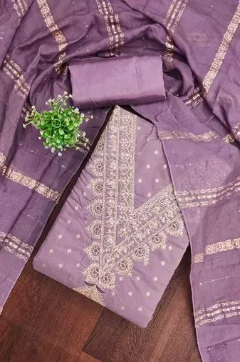 lavender chanderi embroidered unstitched dress materials 3 pair top bottom dupatta