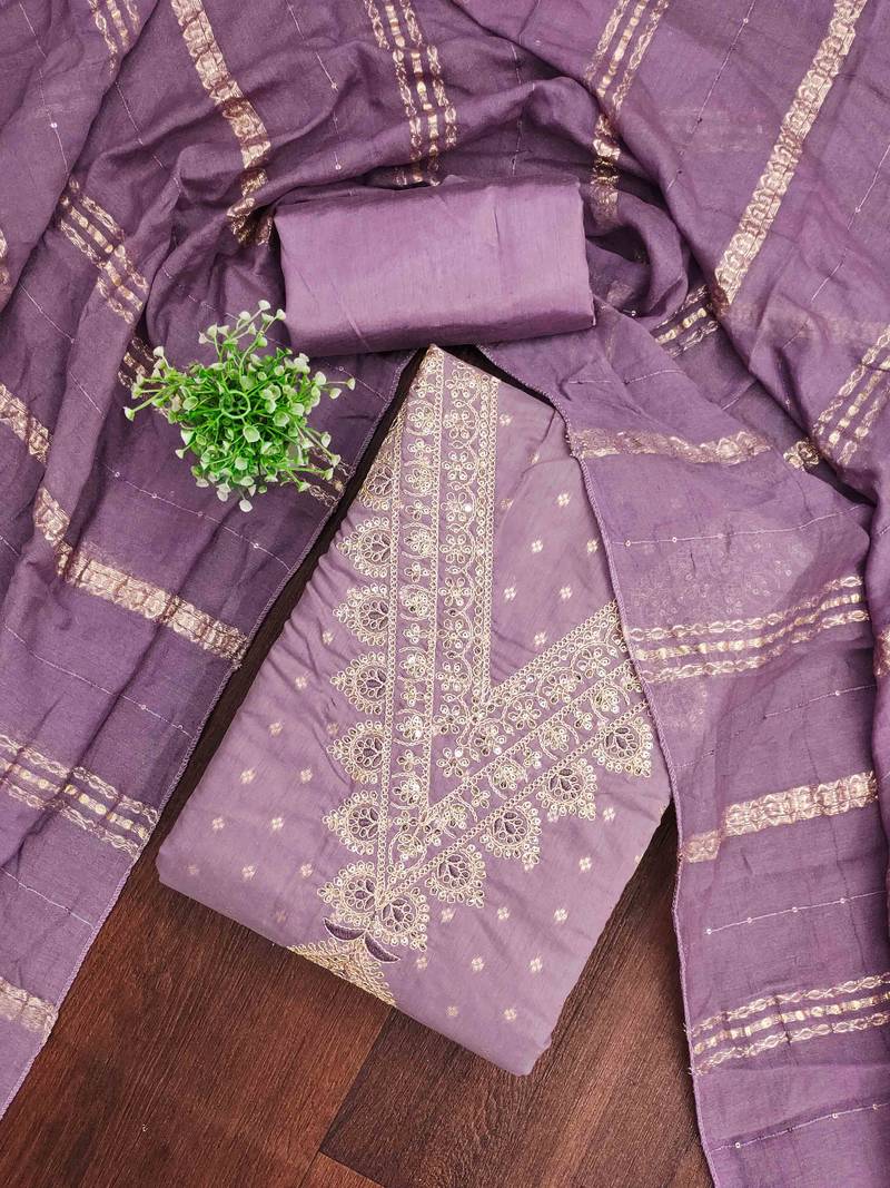 lavender chanderi embroidered unstitched dress materials 3 pair top bottom dupatta