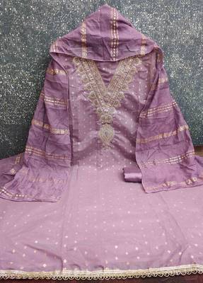 lavender chanderi embroidered unstitched dress materials 3 pair top bottom dupatta 2