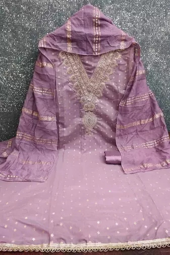 lavender chanderi embroidered unstitched dress materials 3 pair top bottom dupatta