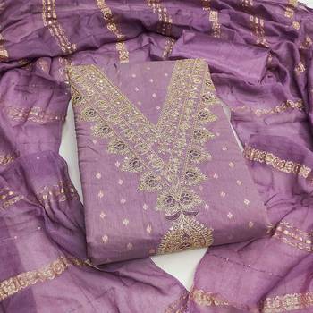 lavender chanderi embroidered unstitched dress materials 3 pair top bottom dupatta 3