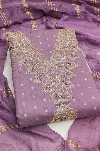 lavender chanderi embroidered unstitched dress materials 3 pair top bottom dupatta