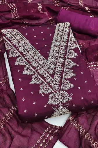 purple chanderi embroidered unstitched dress materials 3 pair top bottom dupatta