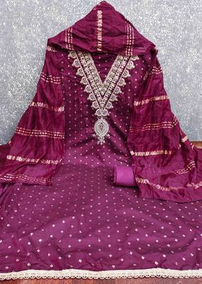 purple chanderi embroidered unstitched dress materials 3 pair top bottom dupatta 2