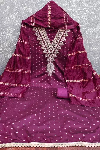 purple chanderi embroidered unstitched dress materials 3 pair top bottom dupatta