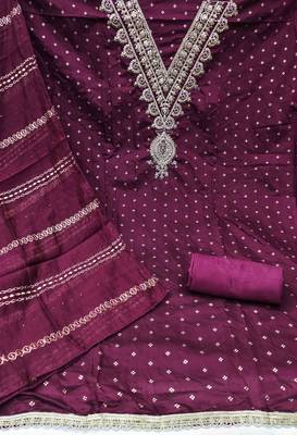 purple chanderi embroidered unstitched dress materials 3 pair top bottom dupatta 3