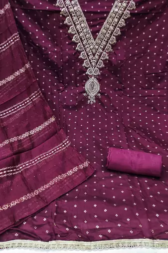 purple chanderi embroidered unstitched dress materials 3 pair top bottom dupatta