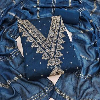 indigo chanderi embroidered unstitched dress materials 3 pair top bottom dupatta 1