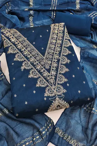 indigo chanderi embroidered unstitched dress materials 3 pair top bottom dupatta
