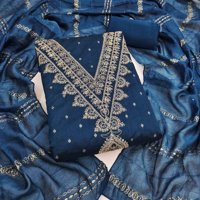 indigo chanderi embroidered unstitched dress materials 3 pair top bottom dupatta
