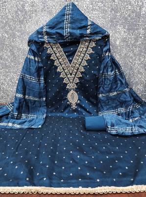 indigo chanderi embroidered unstitched dress materials 3 pair top bottom dupatta 2