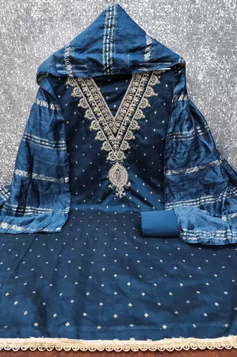 indigo chanderi embroidered unstitched dress materials 3 pair top bottom dupatta
