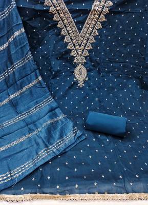 indigo chanderi embroidered unstitched dress materials 3 pair top bottom dupatta 3