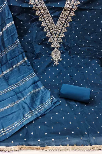 indigo chanderi embroidered unstitched dress materials 3 pair top bottom dupatta