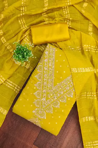 yellow chanderi embroidered unstitched dress materials 3 pair top bottom dupatta