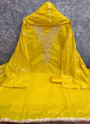 yellow chanderi embroidered unstitched dress materials 3 pair top bottom dupatta 2