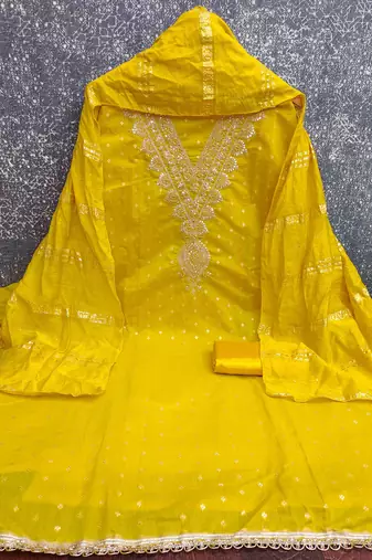 yellow chanderi embroidered unstitched dress materials 3 pair top bottom dupatta