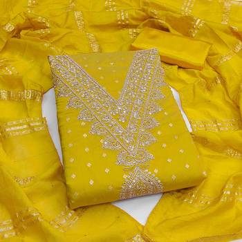 yellow chanderi embroidered unstitched dress materials 3 pair top bottom dupatta 3