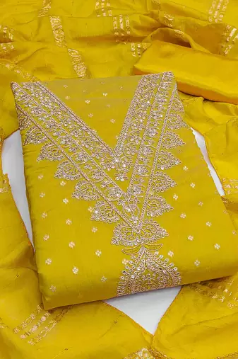 yellow chanderi embroidered unstitched dress materials 3 pair top bottom dupatta