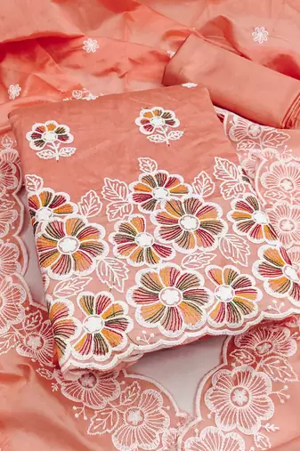 orange chanderi embroidered unstitched dress materials 3 pair top bottom dupatta