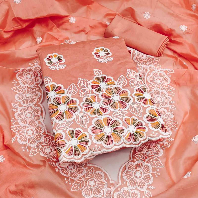 orange chanderi embroidered unstitched dress materials 3 pair top bottom dupatta