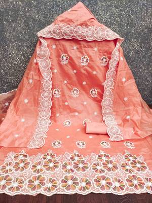 orange chanderi embroidered unstitched dress materials 3 pair top bottom dupatta 2