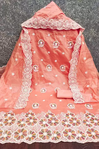 orange chanderi embroidered unstitched dress materials 3 pair top bottom dupatta