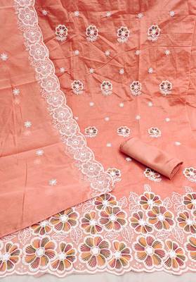 orange chanderi embroidered unstitched dress materials 3 pair top bottom dupatta 3