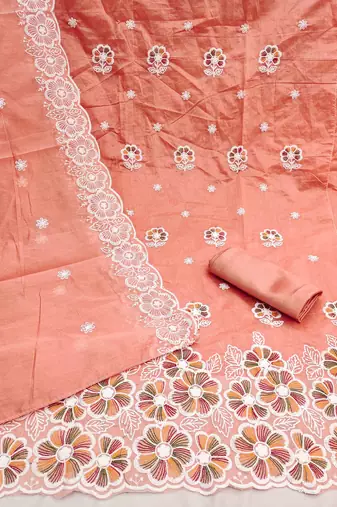 orange chanderi embroidered unstitched dress materials 3 pair top bottom dupatta