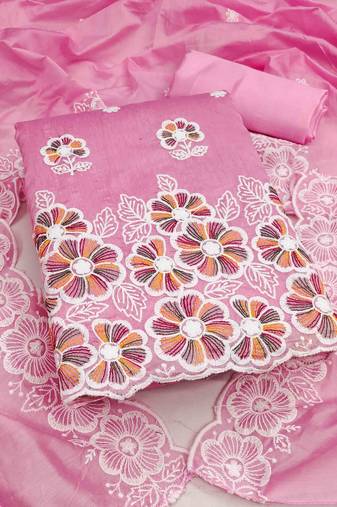 pink chanderi embroidered unstitched dress materials 3 pair top bottom dupatta