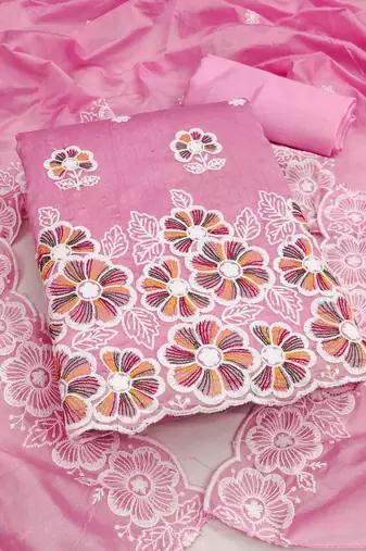 pink chanderi embroidered unstitched dress materials 3 pair top bottom dupatta