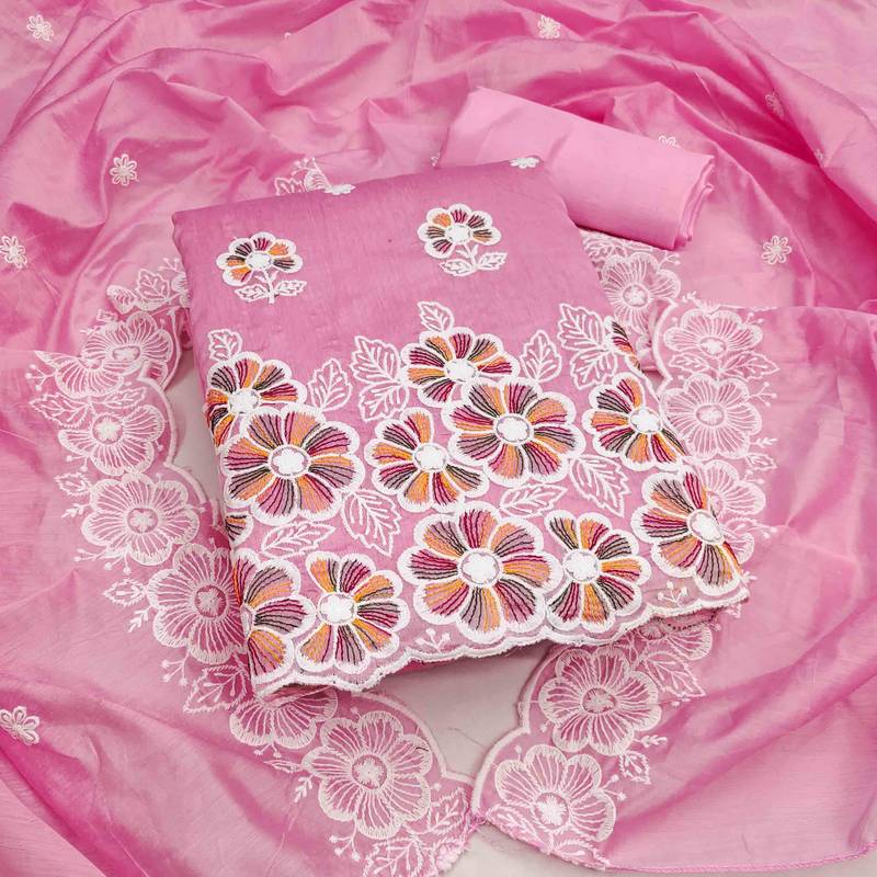 pink chanderi embroidered unstitched dress materials 3 pair top bottom dupatta