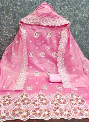 pink chanderi embroidered unstitched dress materials 3 pair top bottom dupatta 2