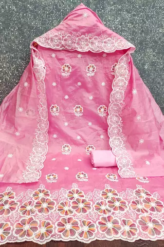 pink chanderi embroidered unstitched dress materials 3 pair top bottom dupatta