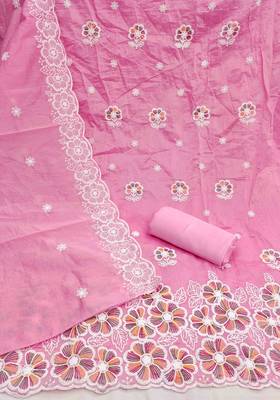 pink chanderi embroidered unstitched dress materials 3 pair top bottom dupatta 3