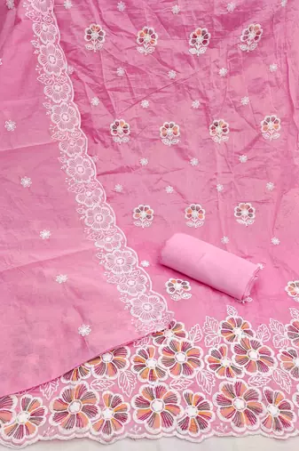 pink chanderi embroidered unstitched dress materials 3 pair top bottom dupatta