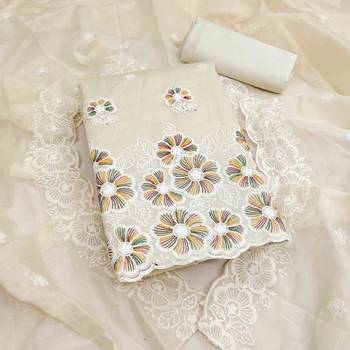 white chanderi embroidered unstitched dress materials 3 pair top bottom dupatta 1