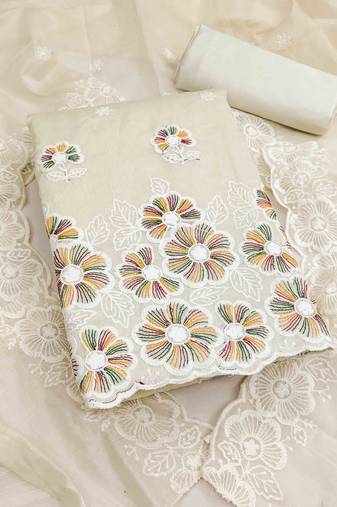 white chanderi embroidered unstitched dress materials 3 pair top bottom dupatta