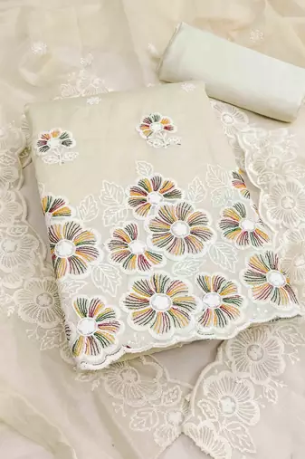 white chanderi embroidered unstitched dress materials 3 pair top bottom dupatta