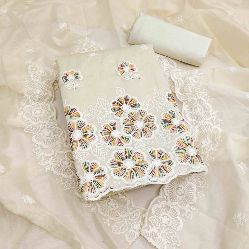 white chanderi embroidered unstitched dress materials 3 pair top bottom dupatta
