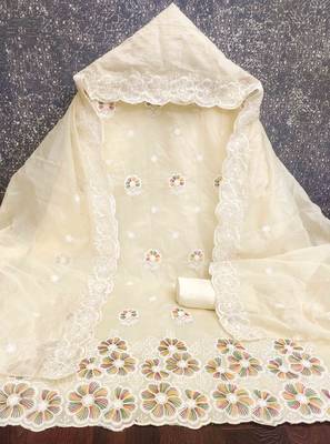 white chanderi embroidered unstitched dress materials 3 pair top bottom dupatta 2