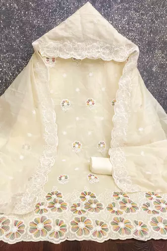 white chanderi embroidered unstitched dress materials 3 pair top bottom dupatta