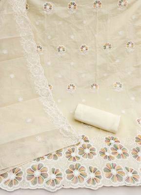 white chanderi embroidered unstitched dress materials 3 pair top bottom dupatta 3