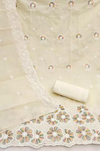 white chanderi embroidered unstitched dress materials 3 pair top bottom dupatta