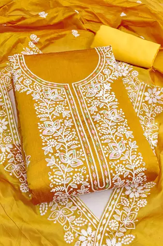 gold chanderi embroidered unstitched dress materials 3 pair top bottom dupatta