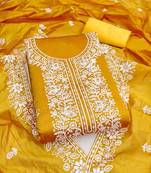 gold chanderi embroidered unstitched dress materials 3 pair top bottom dupatta