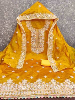 gold chanderi embroidered unstitched dress materials 3 pair top bottom dupatta 2