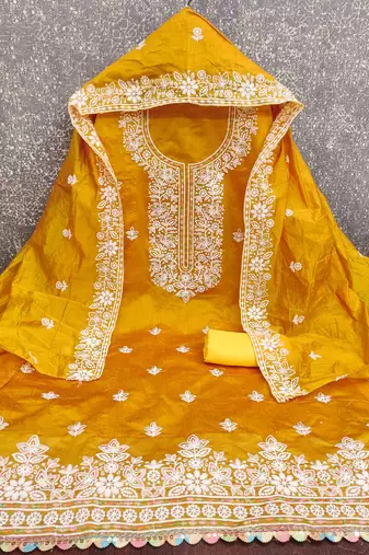 gold chanderi embroidered unstitched dress materials 3 pair top bottom dupatta