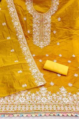 gold chanderi embroidered unstitched dress materials 3 pair top bottom dupatta 3