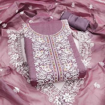 lavender chanderi embroidered unstitched dress materials 3 pair top bottom dupatta 1